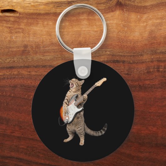 Kat spelen gitaar Shirt Kinder Mannen Vrouwen Rock Sleutelhanger (Voorkant)