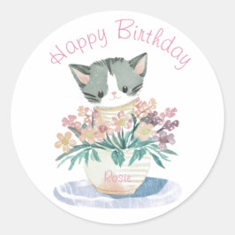 Kat spelen in bloemen | Dochters Verjaardag Naam Ronde Sticker