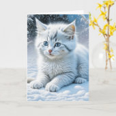 Kat spelen in de sneeuw gepersonaliseerde verjaard kaart (Gele Bloem)