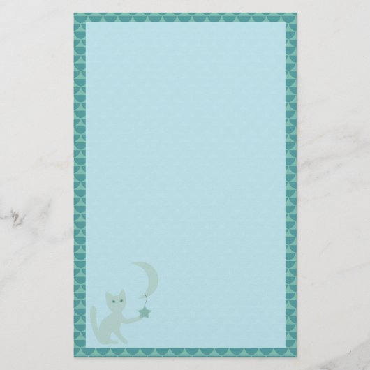 Kat Spelen met Blauwgroen maan en Ster Briefpapier (Voorkant)