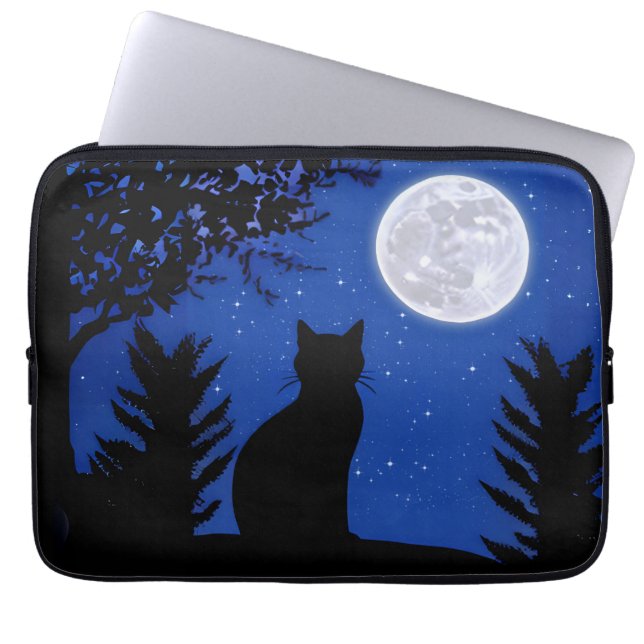 Kat staren naar de volle maan laptop sleeve (Voorkant)