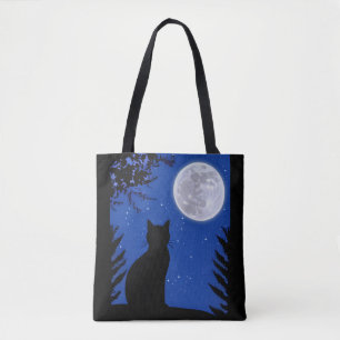 Kat staren naar de volle maan tote bag