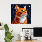 Kat staren naar een sterrenhemel van de kosmische poster (Thuiskantoor)