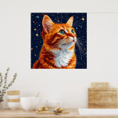 Kat staren naar een sterrenhemel van de kosmische poster (Keuken)