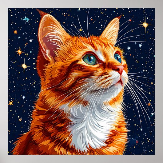 Kat staren naar een sterrenhemel van de kosmische poster (Voorkant)