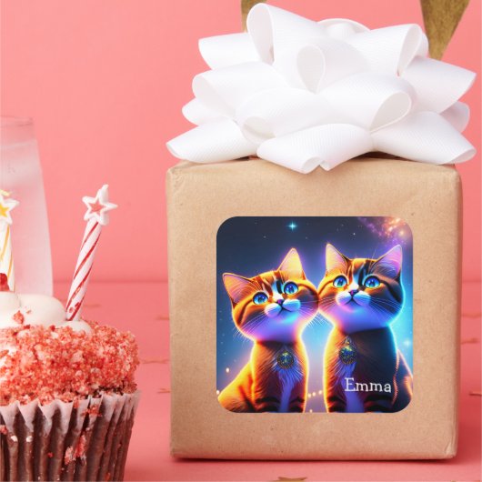 Kat-stel onder de sterrenhemel - vierkante sticker (Feest)