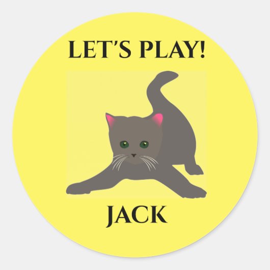 Kat sticker, gepersonaliseerde naam, "LET'S play". Ronde Sticker (Voorkant)
