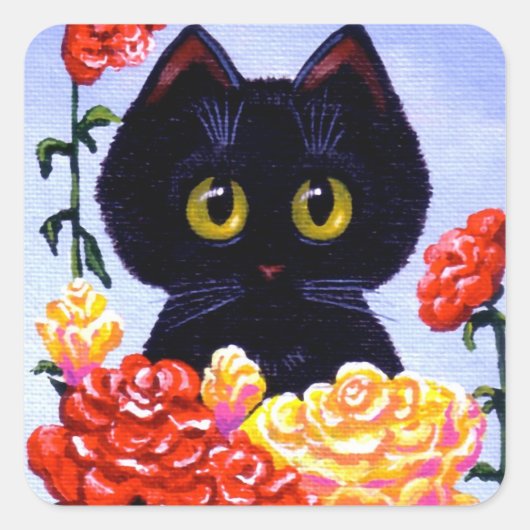 Kat Stickers Schattige Zwart Rozen Bloemen Creatio (Voorkant)
