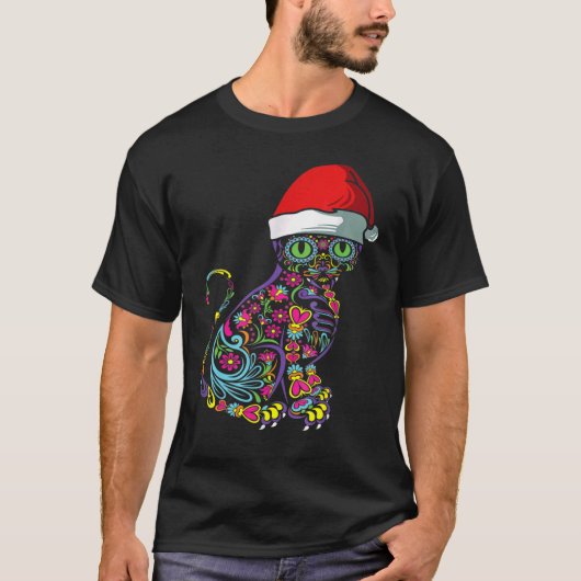 Kat Sugar Skull Santa Hat kerstpas X Mas Owner T-shirt (Voorkant)