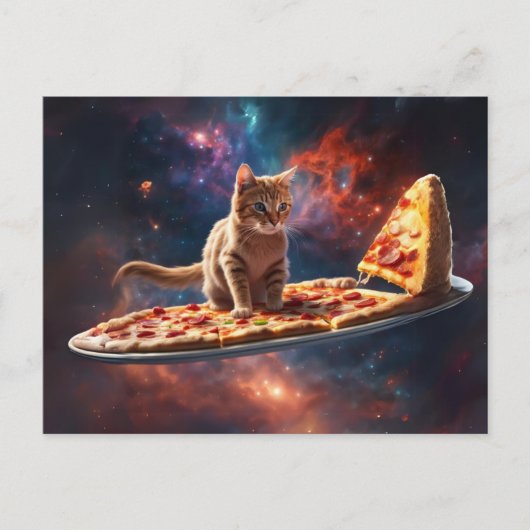 Kat surfen op een pizza in de kosmos briefkaart (Voorkant)