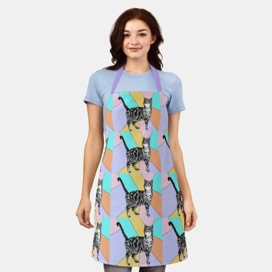 Kat Tabby Patroon Pastel Kat Womans Apron Schort (Gedragen)