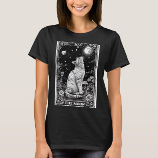 Kat Tarotkaart Hekserige Maan Hoed Halloween Zwart T-shirt
