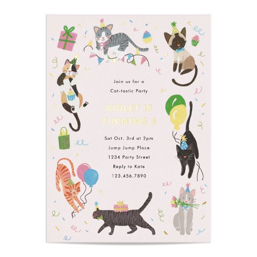 Kat-Tastic Kitty Cat Birthday Party with Gold Folie Uitnodiging