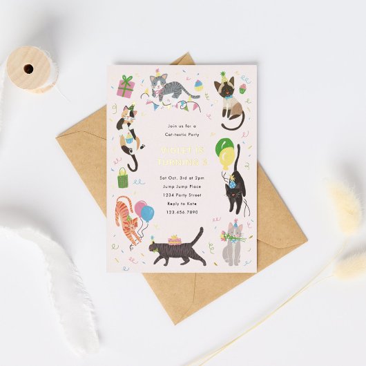Kat-Tastic Kitty Cat Birthday Party with Gold Folie Uitnodiging