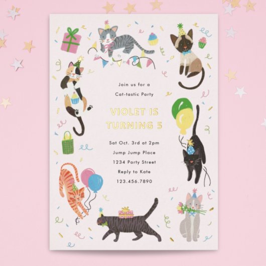 Kat-Tastic Kitty Cat Birthday Party with Gold Folie Uitnodiging