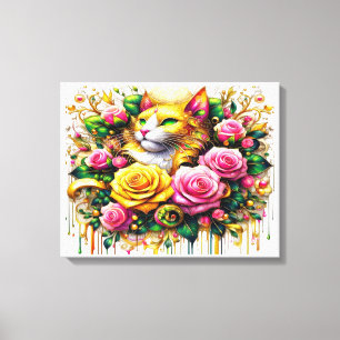 Kat te midden van een levendige bloeiende bloem 20 canvas afdruk