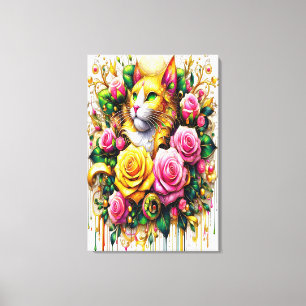 Kat te midden van een levendige bloeiende bloem 61 canvas afdruk