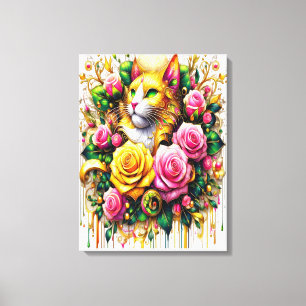 Kat te midden van een levendige bloeiende bloemenp canvas afdruk