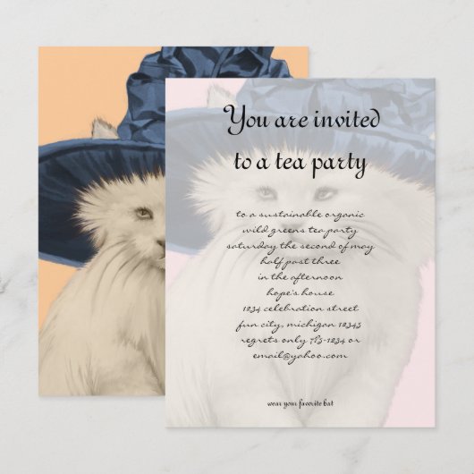 Kat Tea Party Invitation Blue Pet Kaart (Voorkant / Achterkant)