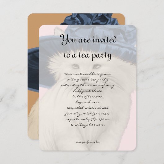 Kat Tea Party Invitation Blue Pet Kaart (Voorkant / Achterkant)