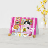 Kat, teddybeer, theefeest, roze, Kaart (Gele Bloem)