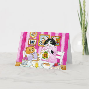 Kat, teddybeer, theefeest, roze, Kaart