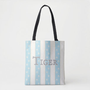 Kat Tekenafdrukken op Bleek blauw en witte strepen Tote Bag