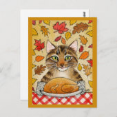Kat-Thanksgiving Turkije Dinkelfbladeren Briefkaart (Voorkant / Achterkant)