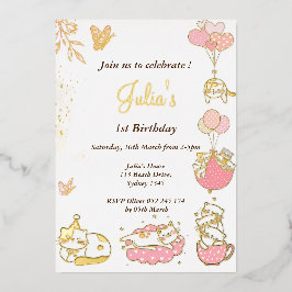 Kat thema baby meisje 1e verjaardag  folie uitnodiging