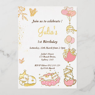 Kat thema baby meisje 1e verjaardag folie uitnodiging