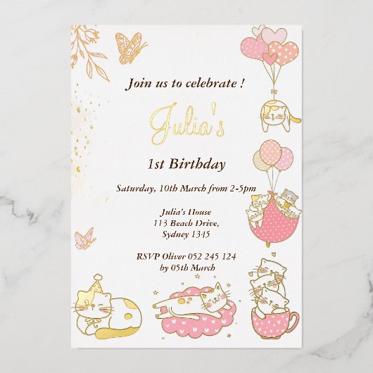 Kat thema baby meisje 1e verjaardag folie uitnodiging (Voorkant)