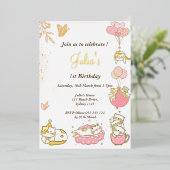 Kat thema baby meisje 1e verjaardag folie uitnodiging (Staand Voorkant)
