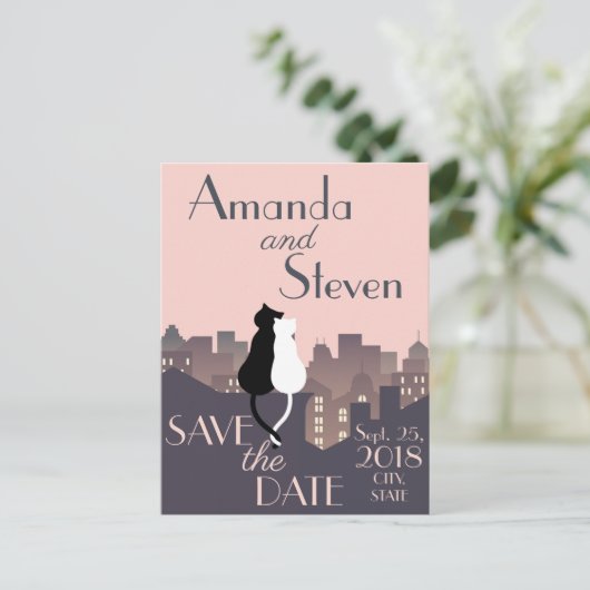 Kat thema bruiloft ontwerp aankondigingskaart (Staand voorkant)