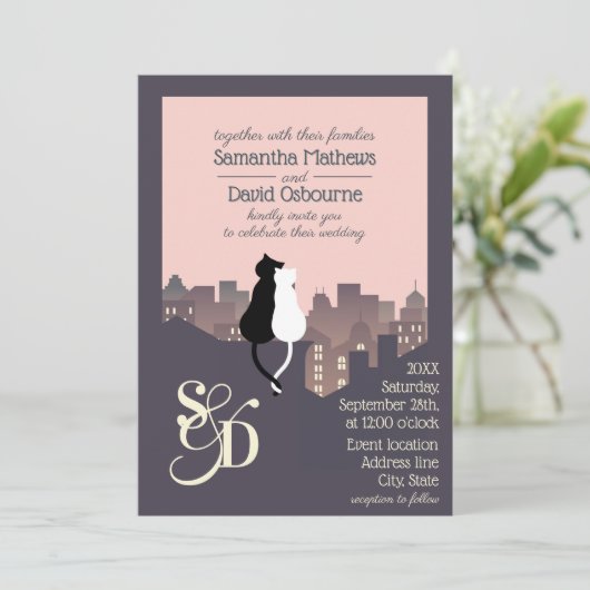 Kat thema monogram bruiloft ontwerp kaart (Staand voorkant)