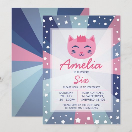 Kat thema verjaardagsfeestje uitnodiging (Voorkant / Achterkant)