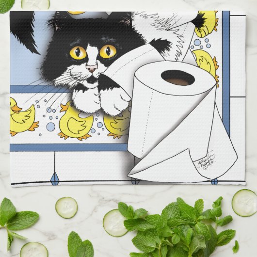 Kat toiletpapier blauw geel theedoek (Gevouwen)