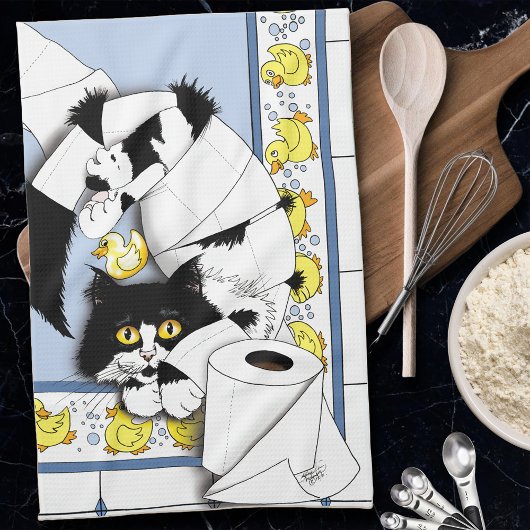 Kat toiletpapier blauw geel theedoek