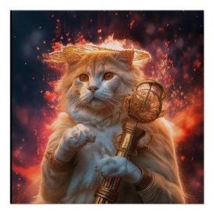 Kat tovenaar met magische staf te midden van vlamm perfect poster