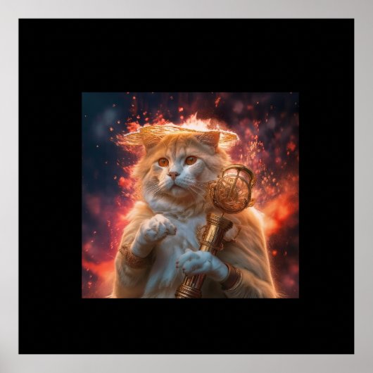 Kat tovenaar met magische staf te midden van vlamm poster (Voorkant)