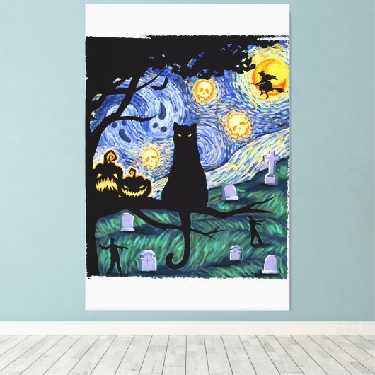 Kat Tshirt, Enge Nacht Kat T-shirt, Van Gogh Cadea Canvas Afdruk (Insitu (Houten vloer))