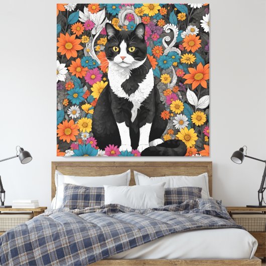 Kat tussen de bloemen canvas afdruk (Insitu (Slaapkamer))