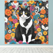 Kat tussen de bloemen canvas afdruk (Insitu (Houten vloer))