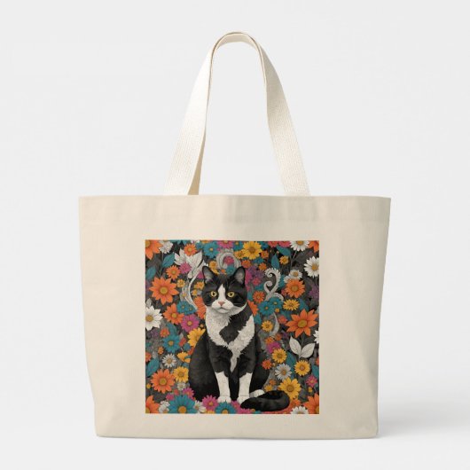Kat tussen de bloemen grote tote bag (Achterkant)