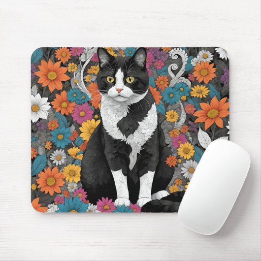 Kat tussen de bloemen muismat (Met muis)