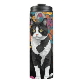 Kat tussen de bloemen thermosbeker
