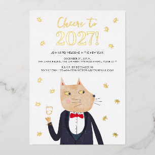 Kat Tuxedo Oud en Nieuw 2027 Folie Feest Uitnodigi Feestdagenkaart