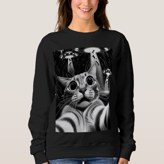 Kat UFO Invasion Grappige Kat Meme Retro Alien Kat Trui (Voorkant)