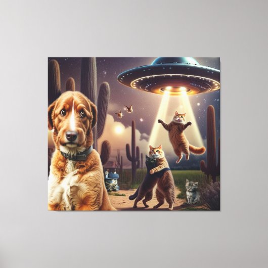 Kat UFO Ontvoering w / Bezorgde Hond op Voorgrond Canvas Afdruk (Voorkant)