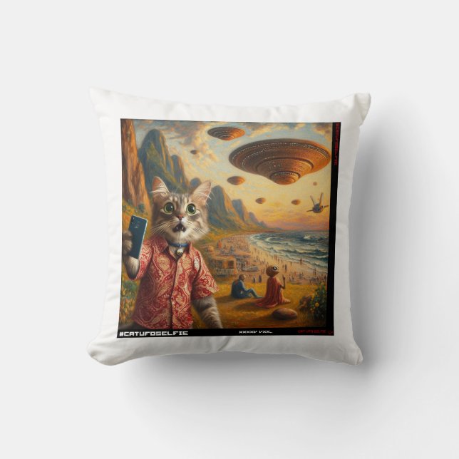 Kat UFO Selfie: Cadeau van het katje #06 Kussen (Voorkant)