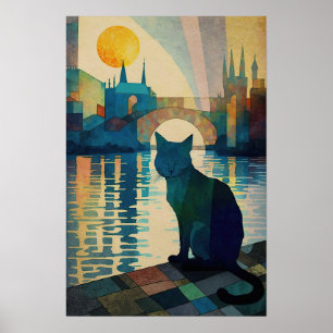 Kat van Cubist die zonsondergang over de luchtige Poster
